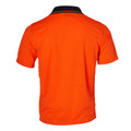 Hi-vis orange polo shirt with short sleeves and contrasting navy collar, rear view showing flat back panel