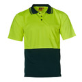 Hi-vis safety polo with fluoro yellow upper and bottle green lower panel, three-button placket and chest pocket