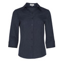 Charcoal women's collared shirt with three-quarter sleeves and button-front placket