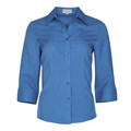 Mid blue women's business shirt with three-quarter sleeves, open collar and button-front closure