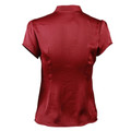 Back view of a deep crimson satin cap sleeve blouse with mandarin collar and shaped seams