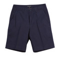 Navy cotton chino shorts with front pleats, side pockets and button fly closure
