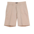 Sand beige cotton chino shorts with front pleats, button closure, and side pockets