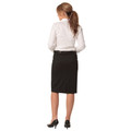 Black mid-length pencil skirt with back split detail, shown from rear view with white shirt