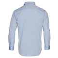 Light blue chambray long sleeve shirt shown from back with collar and button cuffs visible
