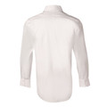 White fine twill long sleeve business shirt shown from back with collar and button cuffs