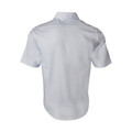 Back view of a pale blue self-stripe short sleeve dress shirt with spread collar