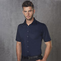 Navy short sleeve shirt with dobby self-stripe texture and button-front closure