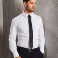 White dress shirt with fine grey vertical ticking stripes and chest pocket worn with black tie