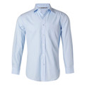 Light blue pinstripe dress shirt with long sleeves, classic collar and button-front closure
