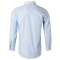 Pale blue pinstripe business shirt shown from back with classic collar and long sleeves