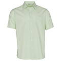 Men's short sleeve striped shirt in mint green and white, point collar, button front, chest pocket, flat lay