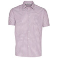 Men's short sleeve business shirt in burgundy and white vertical stripe pattern with chest pocket and button front