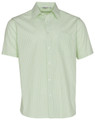 Men's short sleeve business shirt in pale lime green with fine white pinstripes and chest pocket