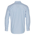 Light blue and white vertical striped long sleeve shirt with chest pocket, back view showing collar and yoke detail