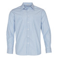 Men's light blue and white stripe long sleeve shirt with chest pocket, spread collar, and button front