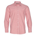 Coral pink and white vertical striped long sleeve dress shirt with chest pocket and button-down collar