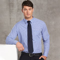 Blue and white multi-tone check long sleeve business shirt with button-down collar and chest pocket