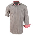 Brown and white gingham check dress shirt with contrast red gingham collar and cuff detail