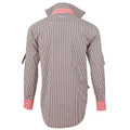 Men's long sleeve gingham check shirt in brown and white with contrasting red gingham collar and cuffs, shown from back