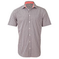 Brown gingham check shirt with short sleeves, contrast red gingham collar and cuff detail, button-front closure