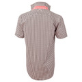Back view of brown and white gingham check short sleeve shirt with contrast red trim at collar and cuffs
