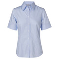 Light blue short sleeve collared shirt with button-front closure and tailored fit silhouette