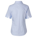 Back view of a pale blue women's short sleeve tailored shirt in fine twill fabric with shaped seams