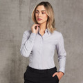 Women's long sleeve business shirt in white with fine grey vertical pinstripes and classic collar