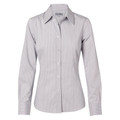 Grey and white vertical ticking stripe women's business shirt with collar and long sleeves