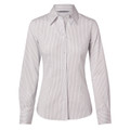 Ladies long sleeve business shirt in grey and white ticking stripe with classic collar and button front