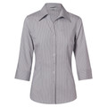 Ladies grey and white vertical striped shirt with collar and three-quarter sleeves