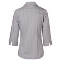 Ladies shirt in grey and white ticking stripe with three-quarter sleeves and collar, rear view