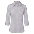Ladies shirt in grey and white ticking stripe with three-quarter sleeves and button-front closure