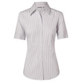 Women's short sleeve business shirt in grey and white vertical pinstripe with collar and button front