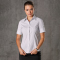 Women's short sleeve business shirt in white with fine grey vertical pinstripes and collar