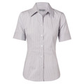 Women's short sleeve business shirt in grey and white fine vertical stripe with button-front placket and collar