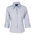 Light blue pinstripe women's dress shirt with three-quarter sleeves and classic pointed collar