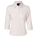 Ladies white business shirt with pink pinstripes, 3/4 sleeves, and classic collar