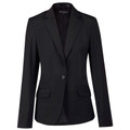 Black wool blend cropped blazer with notch lapels, single button closure and flap pockets