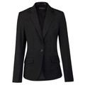 Black wool blend cropped jacket with notched lapels, single button closure, and front flap pockets