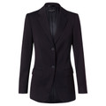 Black stretch mid-length blazer with notch lapels, two-button front closure and front patch pockets