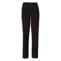 Black wool blend slim leg pants with front crease and tab waist closure