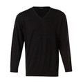 Black v-neck merino wool jumper with long sleeves and ribbed cuffs