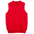 Bright red sleeveless knit vest with ribbed v-neck and ribbed hem detailing
