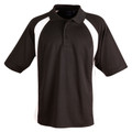 Charcoal grey polo with white contrast panels on shoulders and sides, featuring button placket and collar