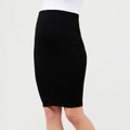 Black fitted maternity skirt with wide supportive waistband shown from side angle