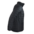 Black lightweight puffer jacket with horizontal quilted panels and side zipper pocket shown from side angle
