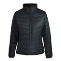 Black quilted puffer jacket with chevron stitching detail and full-length zip closure