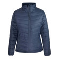 Women's navy puffer jacket with chevron quilting pattern and stand collar with full zip closure